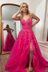 Dreamyannie Vintage A Line Tulle Spaghetti Straps Sleeveless Formal Dress With Appliques Slit