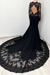 Dreamyannie Vintage Black Prom Dress Mermaid Lace High Neck Sleeves Beaded Cathedral Train Satin Formal Dress