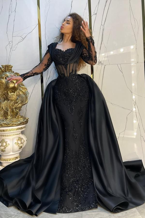 Dreamyannie Vintage Black Prom Dress Mermaid Sweetheart Sleeves Sequined Panel Train Satin Formal Dress