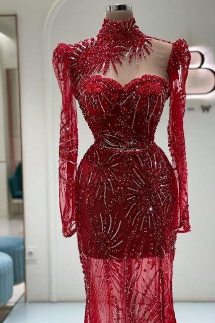 Dreamyannie Vintage Column Prom Dress Tulle Sweetheart Sleeve Red Formal Dress With Appliques