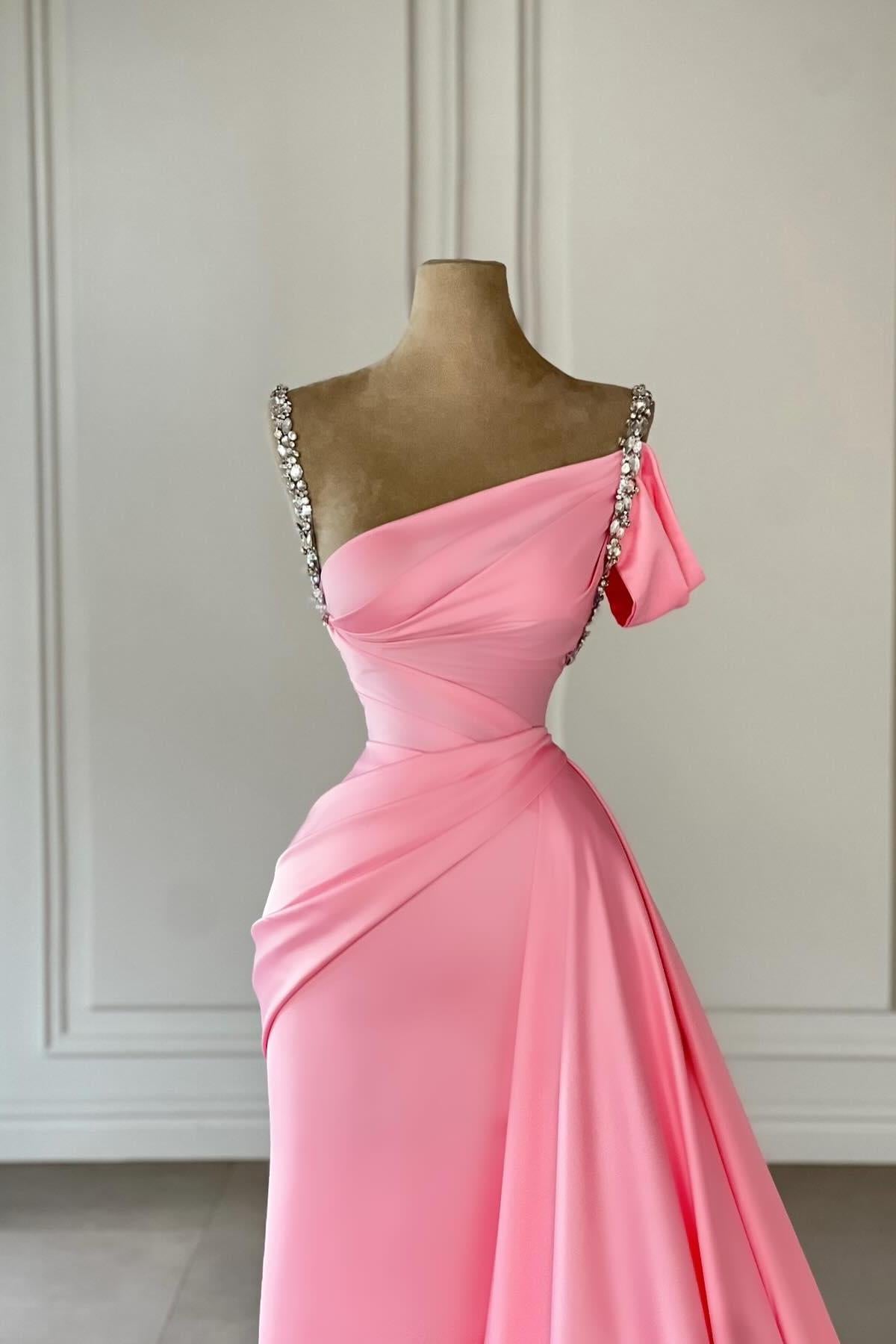 Dreamyannie Vintage Column Satin Off The Shoulder Sleeveless Pink Prom Dress Formal Dress With Rhinestone