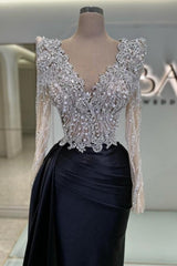 Dreamyannie Vintage Column Satin Prom Dress Lace V Neck Sleeve Black Formal Dress With Beading