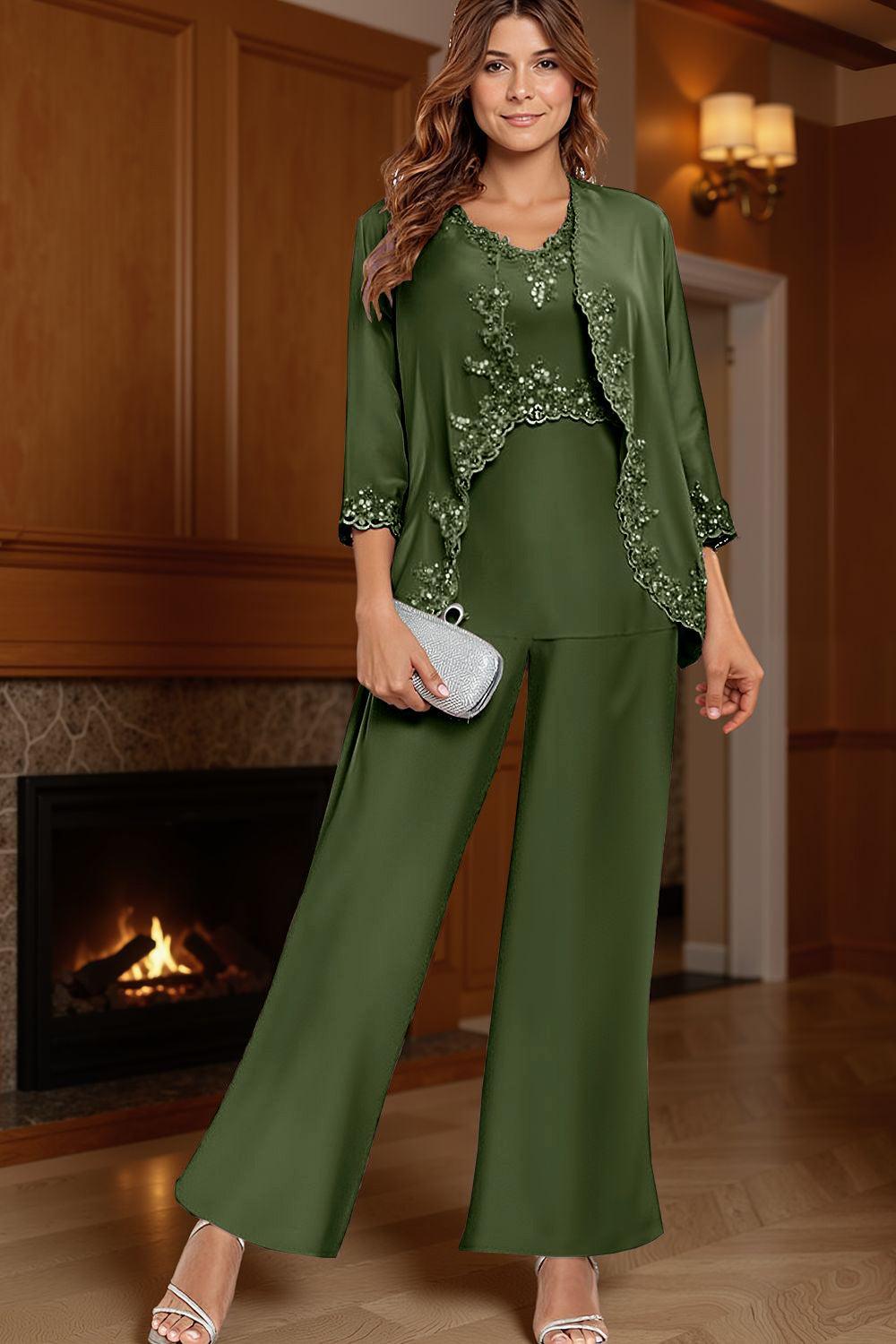 Dreamyannie Vintage Mauve V Neck 3 Piece Mother Of The Bride Pant Suits With Jacket