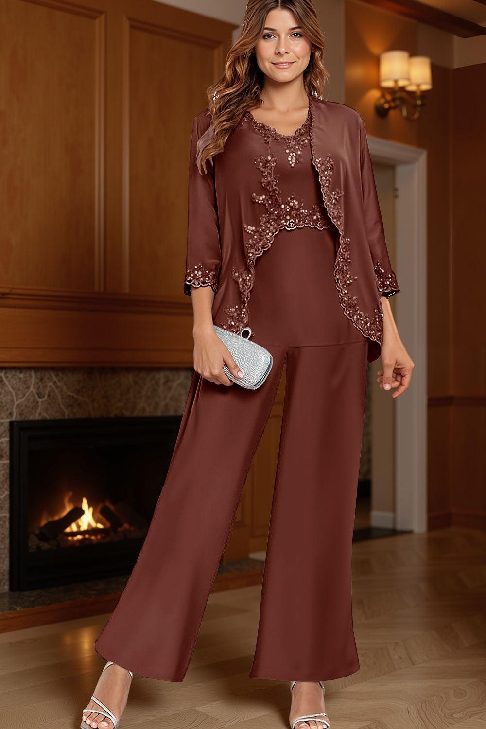 Dreamyannie Vintage Mauve V Neck 3 Piece Mother Of The Bride Pant Suits With Jacket