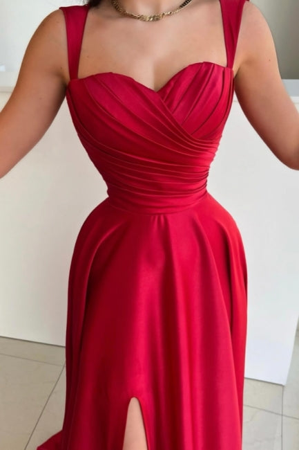 Dreamyannie Vintage Red Prom Dress A Line Satin Pleated Sleeveless Formal Dress With Slit