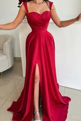 Dreamyannie Vintage Red Prom Dress A Line Satin Pleated Sleeveless Formal Dress With Slit