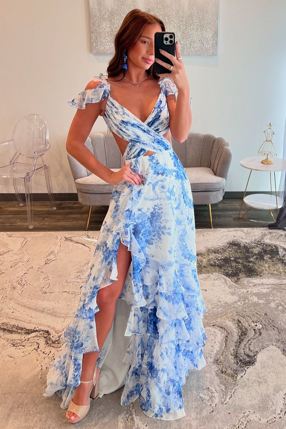 Dreamyannie White Blue Prom Dress Flower Cold Shoulder Ruffles Long Formal Dress With Slit