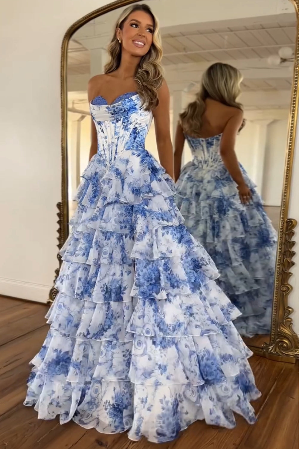 Dreamyannie White Blue Prom Dress Flower Tiered Sweetheart Corset Long Formal Dress