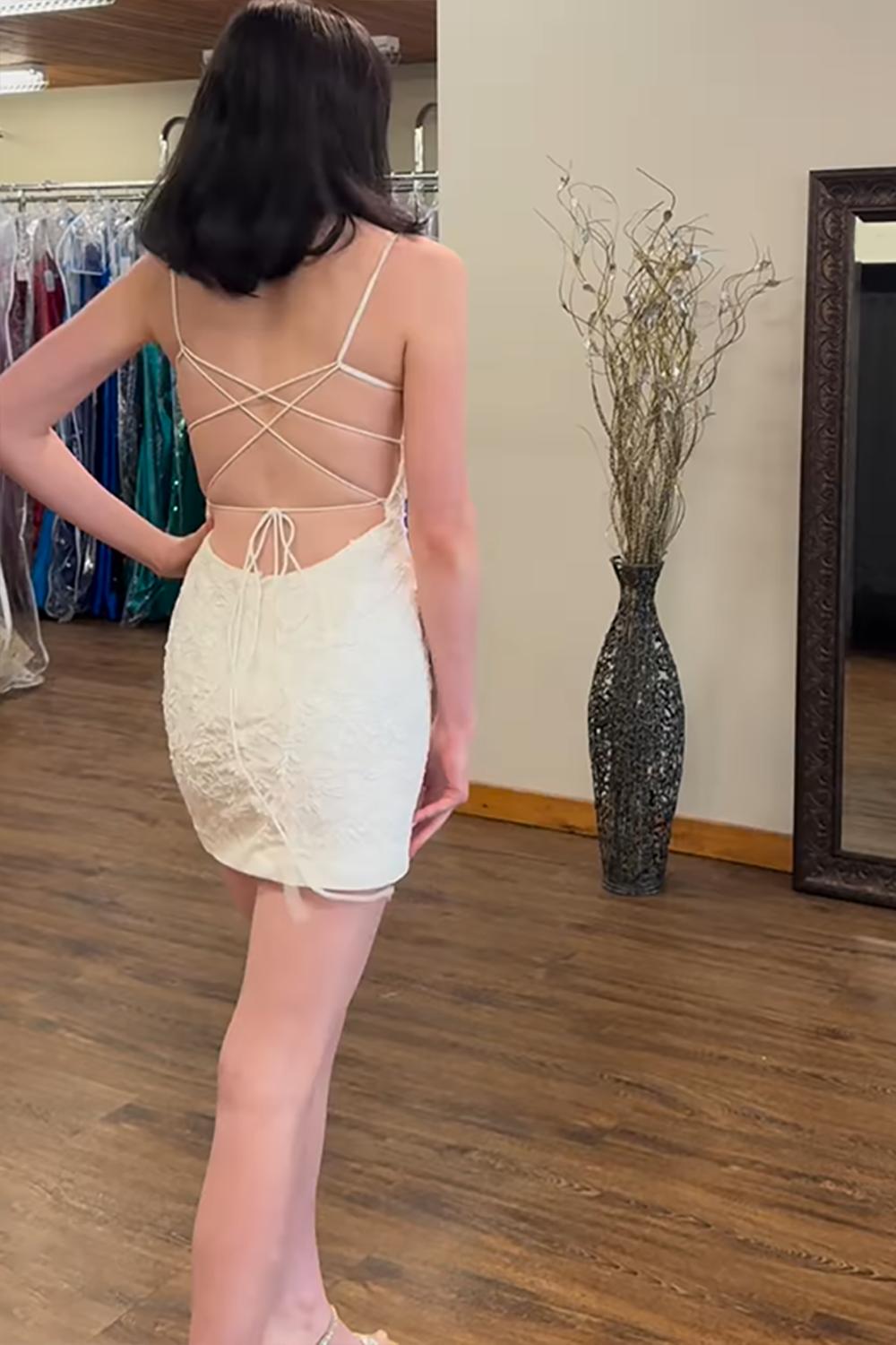 Dreamyannie White Lace Tight Homecoming Dresses Spaghetti Straps Short Cocktail Dresses