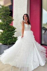 Dreamyannie White Prom Dress A Line Ruffled Tiered Beaded Long Pageant Dress With Slit