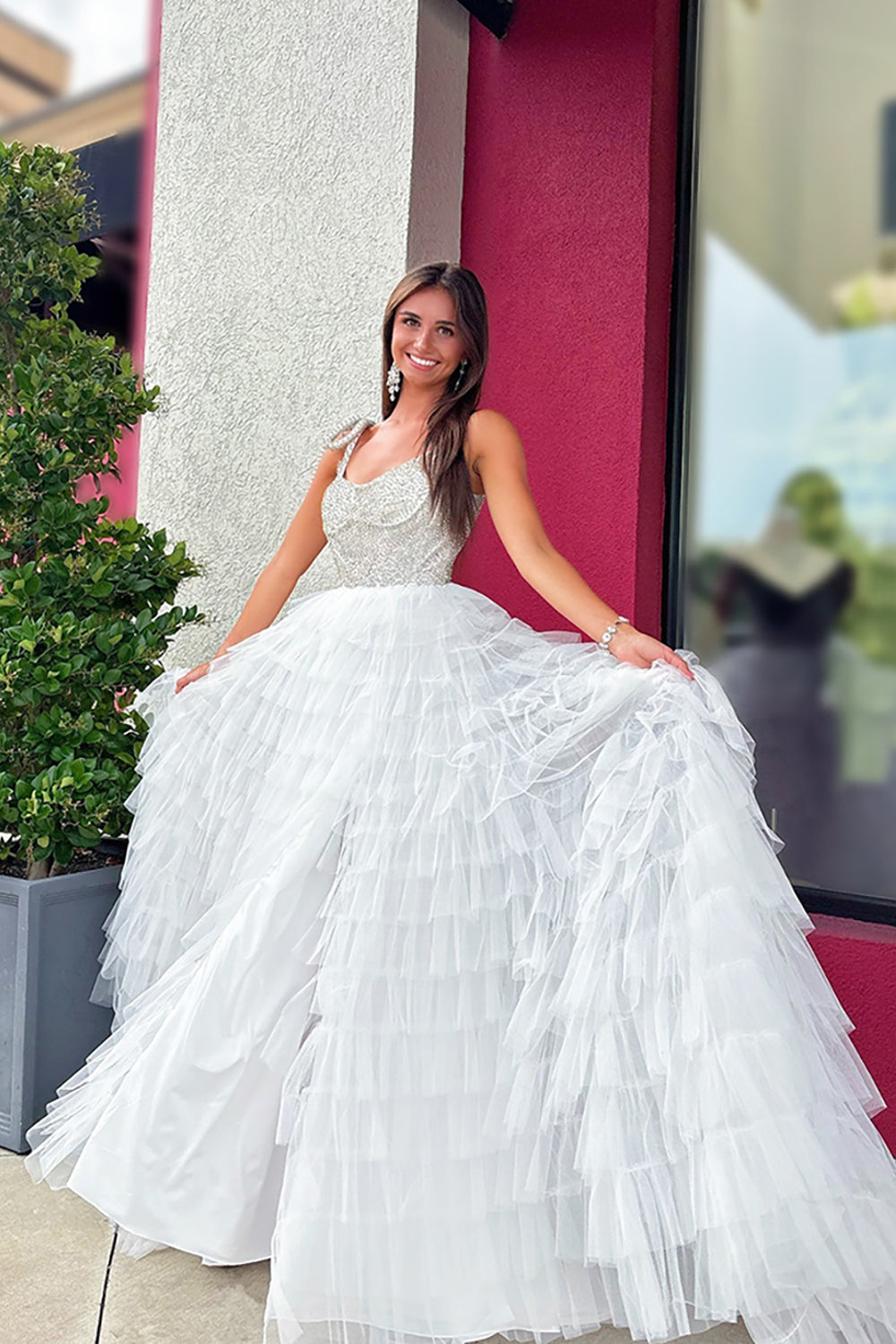 Dreamyannie White Prom Dress A Line Ruffled Tiered Beaded Long Pageant Dress With Slit