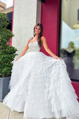 Dreamyannie White Prom Dress A Line Ruffled Tiered Beaded Long Pageant Dress With Slit