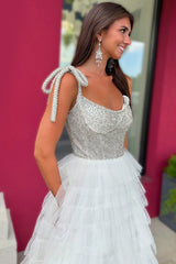 Dreamyannie White Prom Dress A Line Ruffled Tiered Beaded Long Pageant Dress With Slit