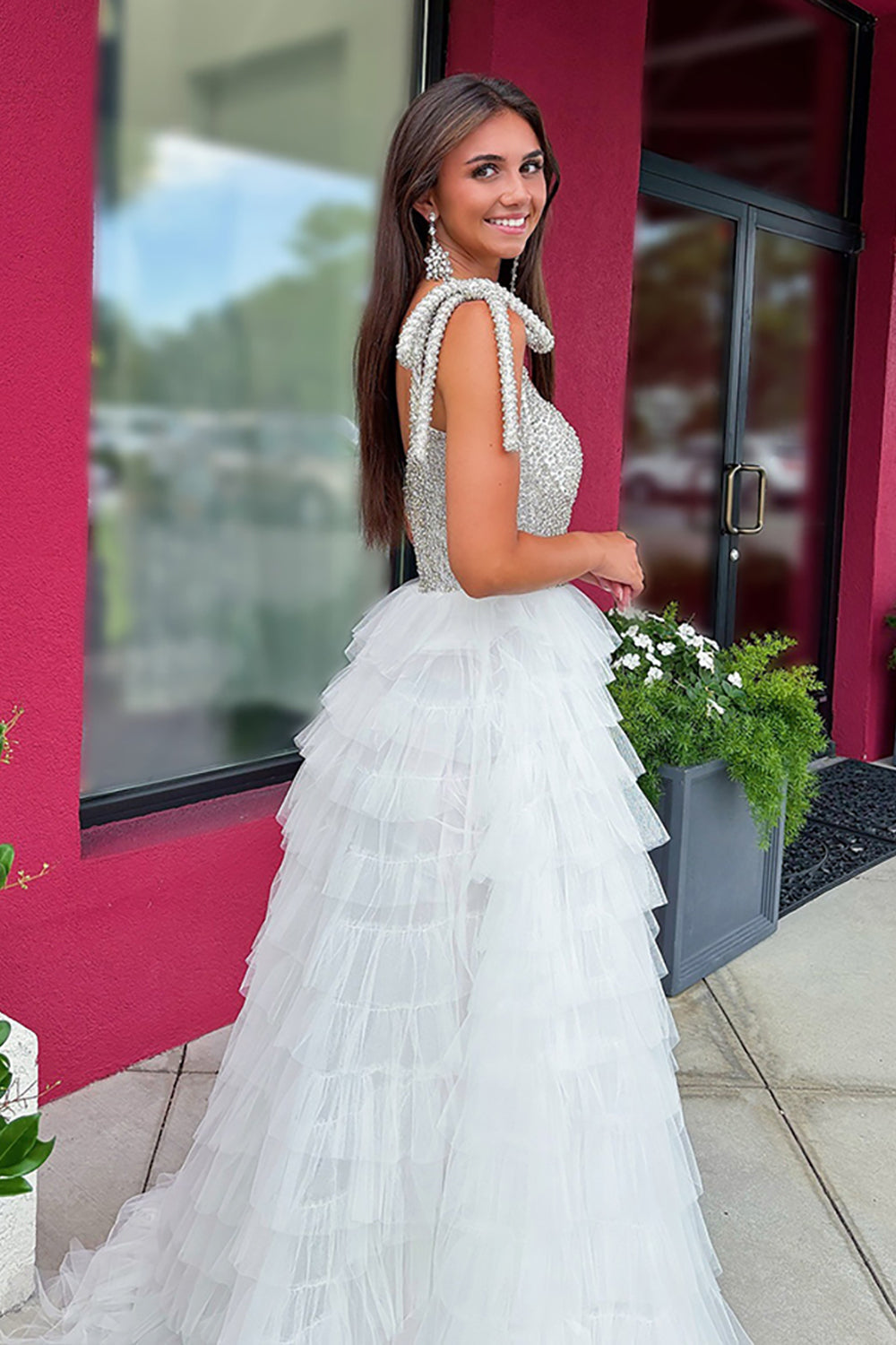 Dreamyannie White Prom Dress A Line Ruffled Tiered Beaded Long Pageant Dress With Slit