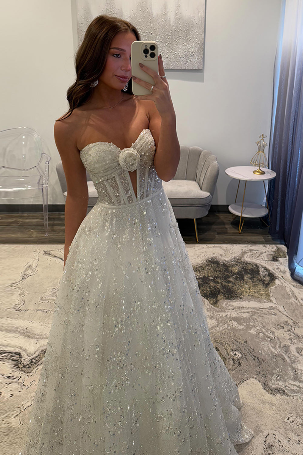 Dreamyannie White Prom Dress Long A Line Sweetheart Formal Dress