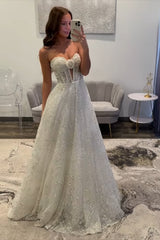 Dreamyannie White Prom Dress Long A Line Sweetheart Formal Dress