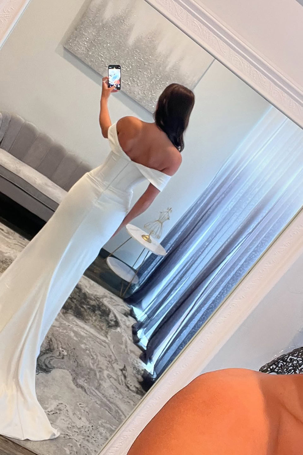 Dreamyannie White Prom Dress Off The Shoulder Corset Formal Dress With Slit