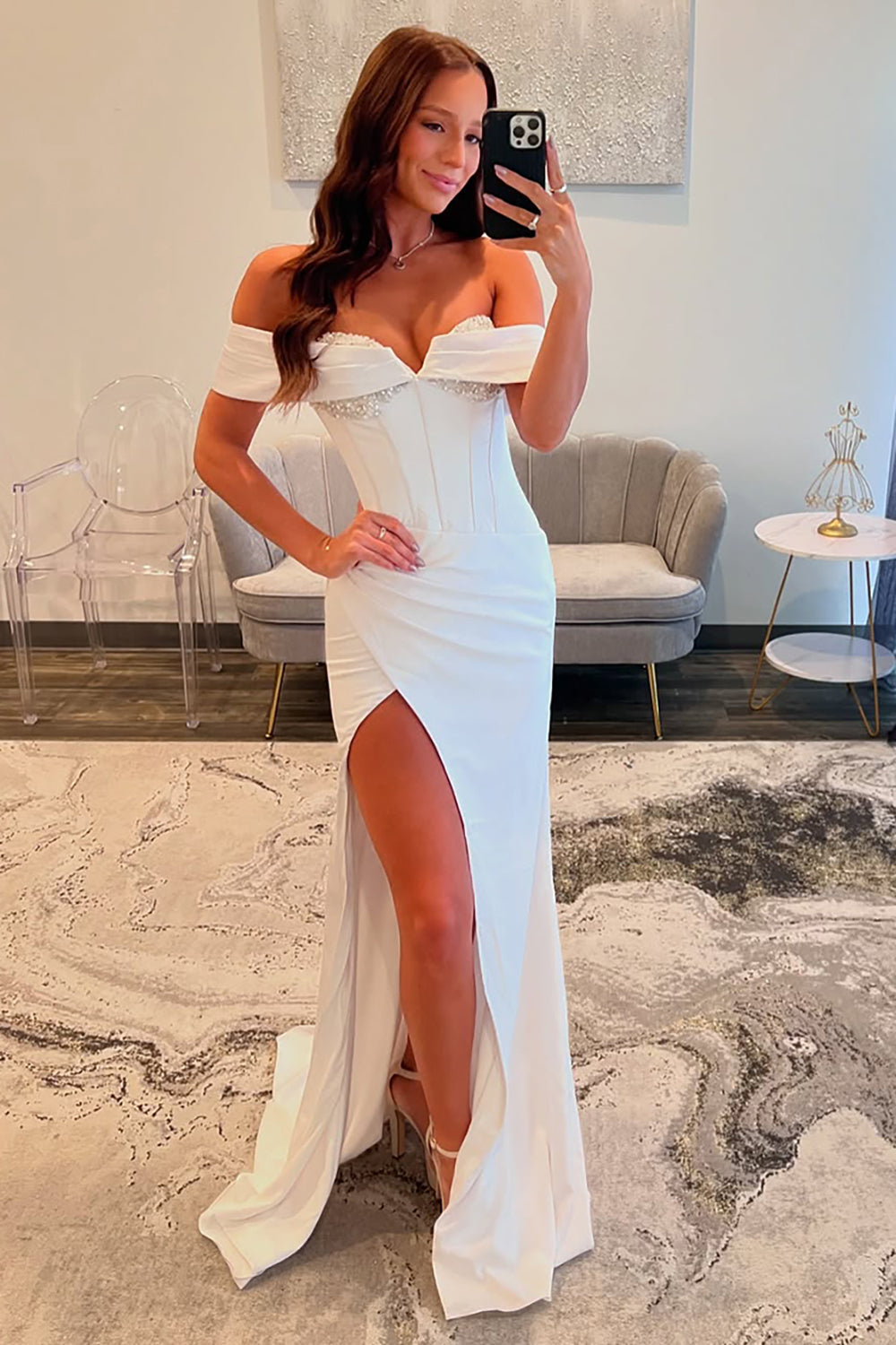 Dreamyannie White Prom Dress Off The Shoulder Corset Formal Dress With Slit
