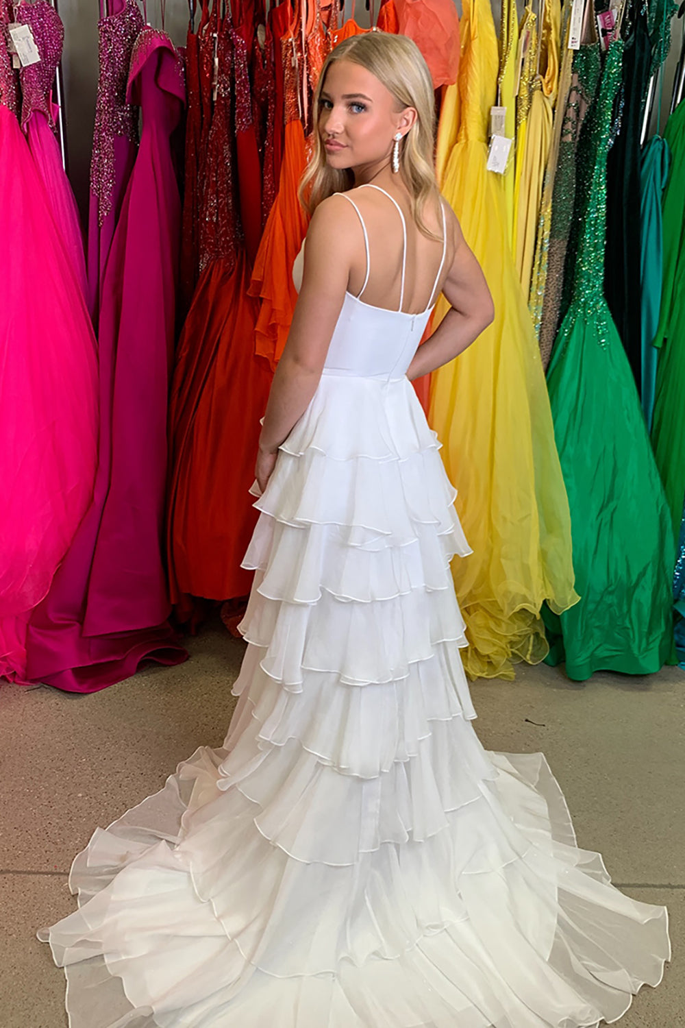 Dreamyannie White Prom Dress Ruffled Spaghetti Straps Chiffon A Line Long Formal Dress With Slit