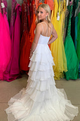 Dreamyannie White Prom Dress Ruffled Spaghetti Straps Chiffon A Line Long Formal Dress With Slit