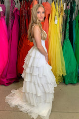 Dreamyannie White Prom Dress Ruffled Spaghetti Straps Chiffon A Line Long Formal Dress With Slit