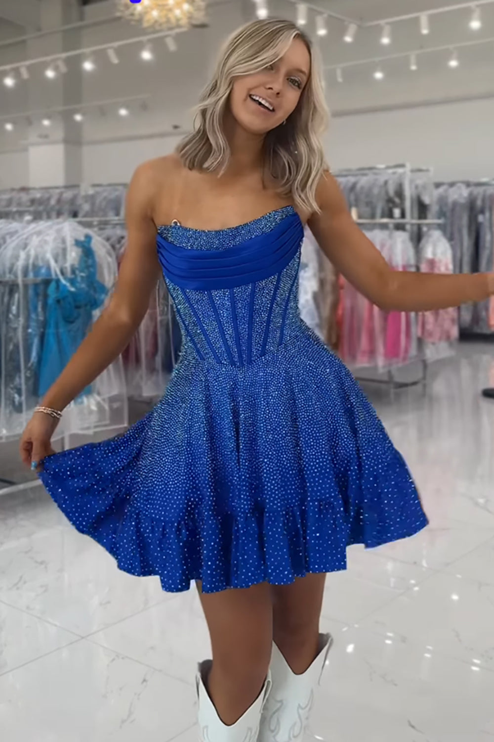 Dreamyannie Yellow Beaded Homecoming Dresses Strapless Short Corset Cocktail Dresses