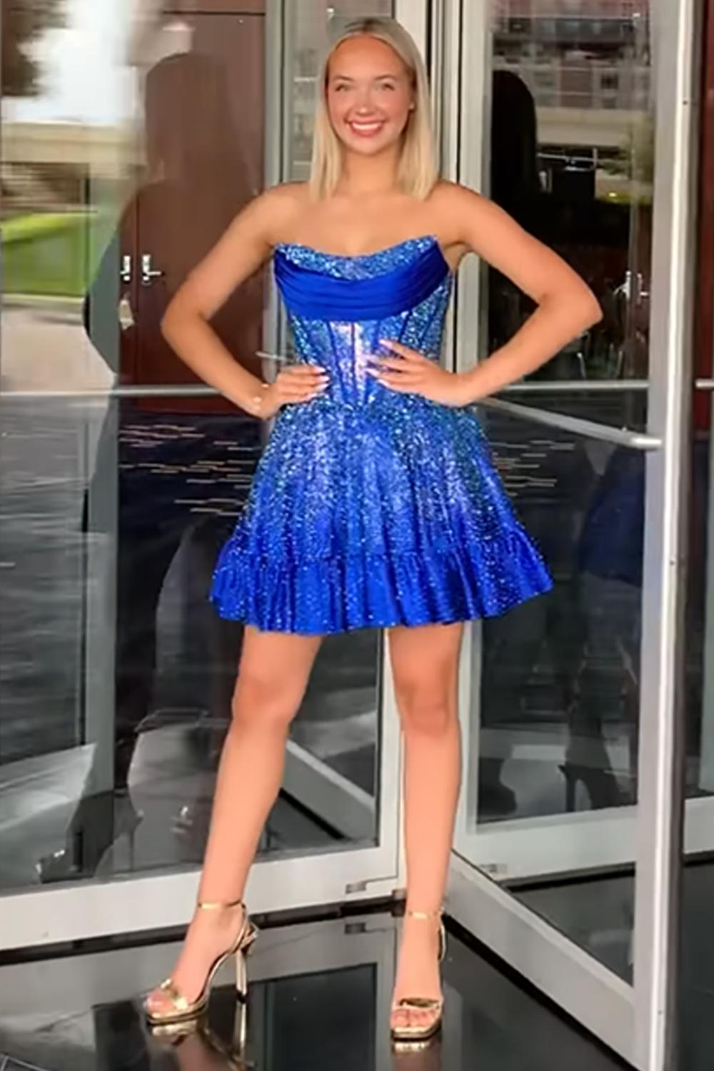 Dreamyannie Yellow Beaded Homecoming Dresses Strapless Short Corset Cocktail Dresses