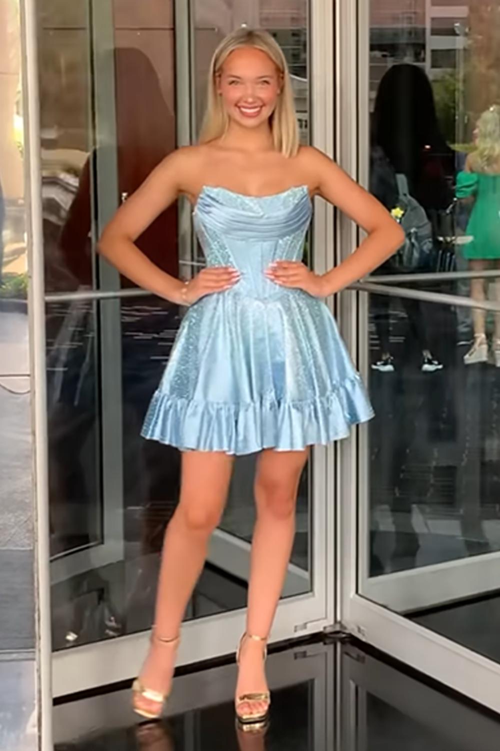 Dreamyannie Yellow Beaded Homecoming Dresses Strapless Short Corset Cocktail Dresses
