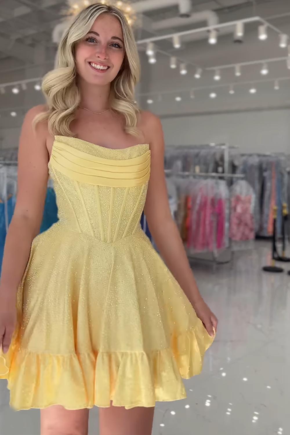 Dreamyannie Yellow Beaded Homecoming Dresses Strapless Short Corset Cocktail Dresses