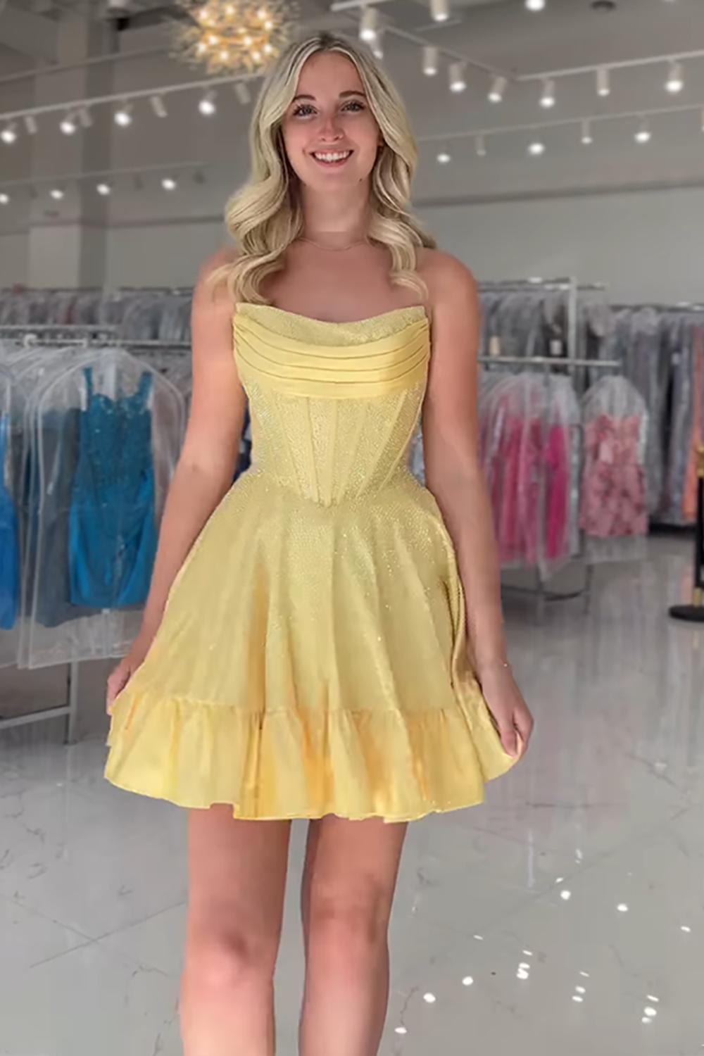 Dreamyannie Yellow Beaded Homecoming Dresses Strapless Short Corset Cocktail Dresses