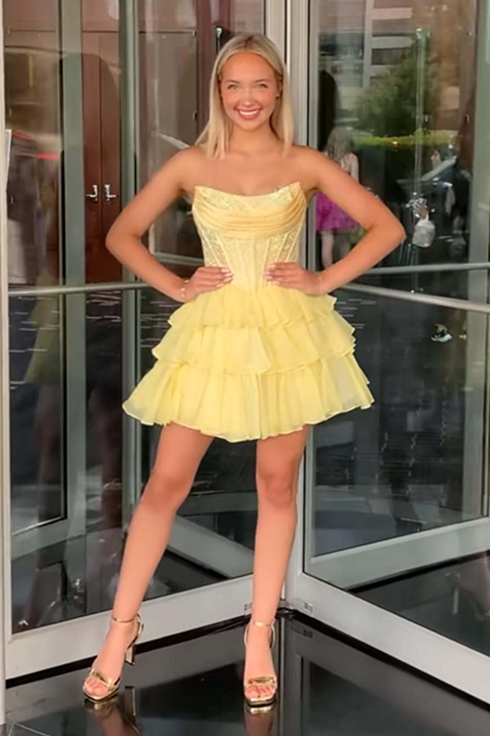 Dreamyannie Yellow Beaded Homecoming Dresses Strapless Short Corset Cocktail Dresses