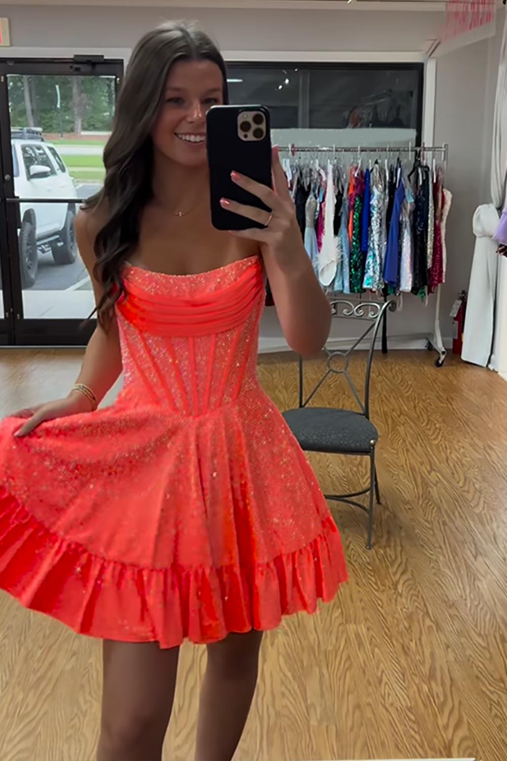 Dreamyannie Yellow Beaded Homecoming Dresses Strapless Short Corset Cocktail Dresses