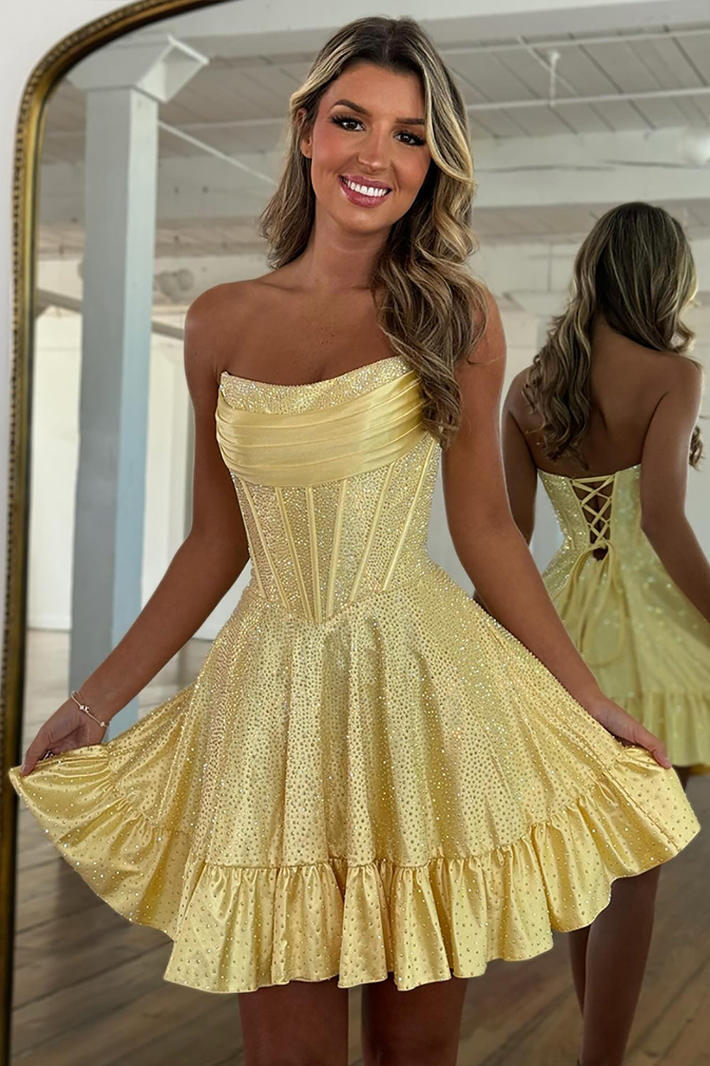 Dreamyannie Yellow Beaded Homecoming Dresses Strapless Short Corset Cocktail Dresses