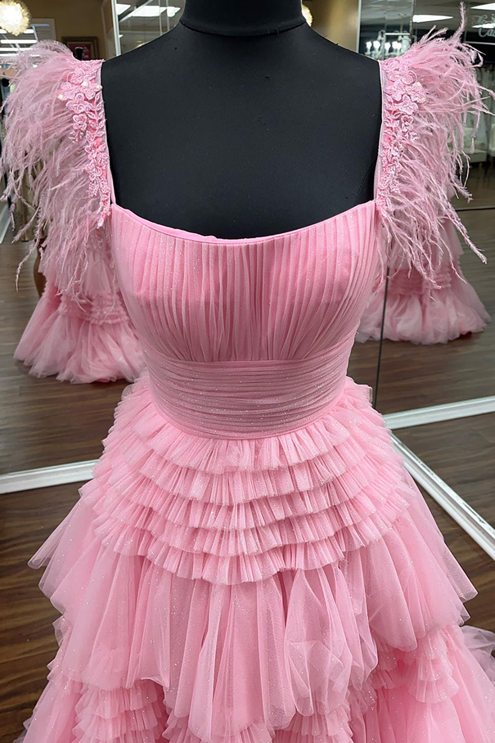 Dreamyannie Yellow Prom Dress A Line Ruffled Tiered Formal Dress With Feathers