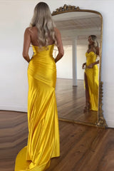 Dreamyannie Yellow Prom Dress Beaded Mermaid Sweetheart Long Formal Dress With Slit