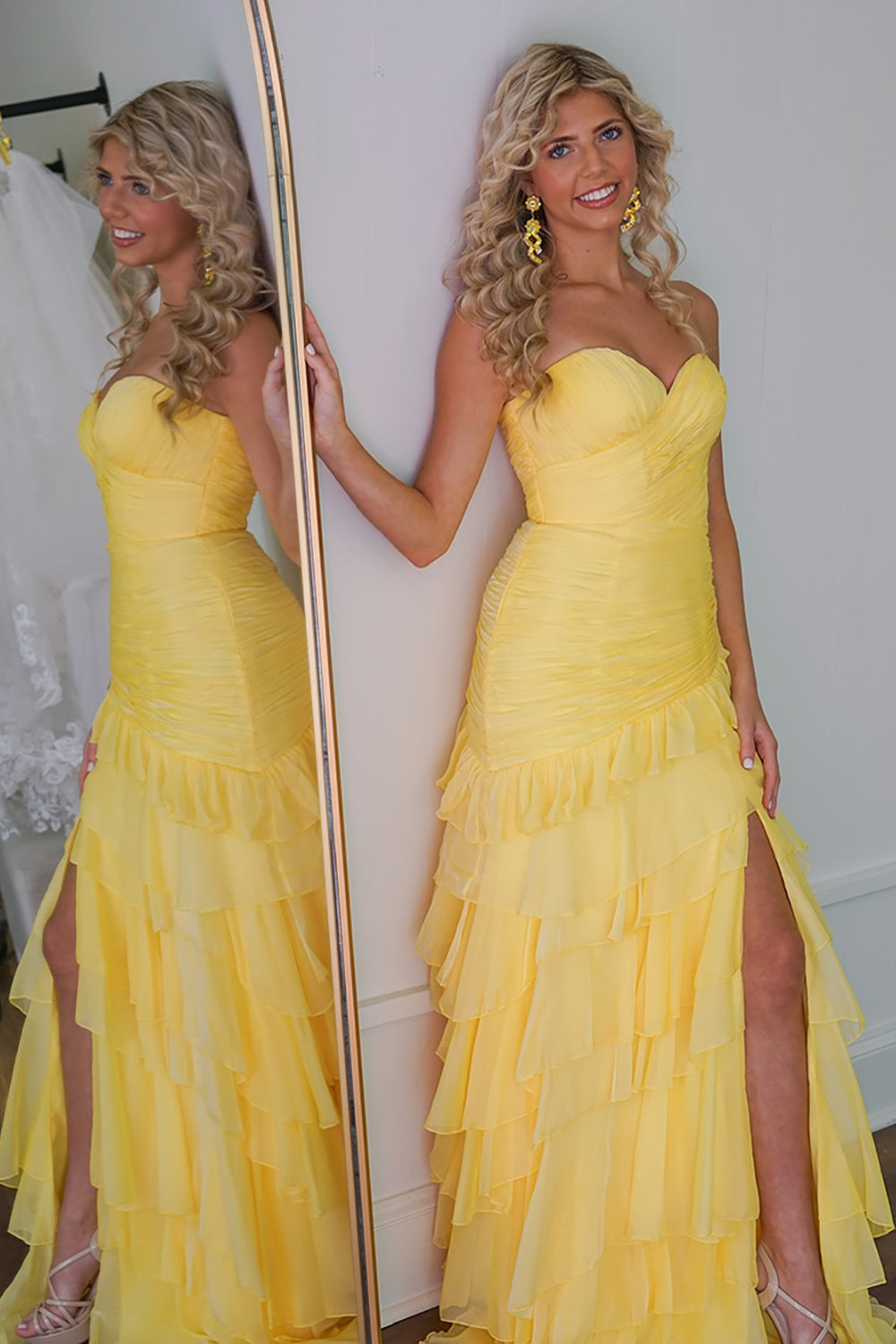 Dreamyannie Yellow Prom Dress Chiffon Sweetheart Ruffled Long Formal Dress With Slit