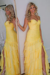 Dreamyannie Yellow Prom Dress Chiffon Sweetheart Ruffled Long Formal Dress With Slit