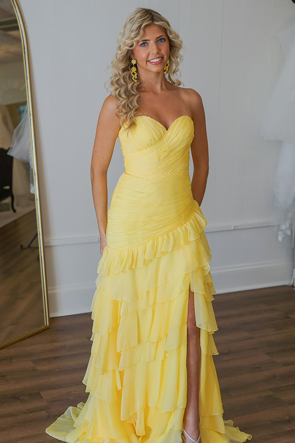 Dreamyannie Yellow Prom Dress Chiffon Sweetheart Ruffled Long Formal Dress With Slit