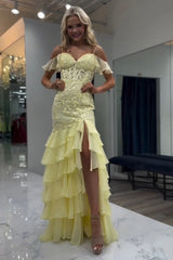 Dreamyannie Yellow Prom Dress Cold Shoulder Ruffled Lace Long Formal Dress With Slit