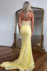 Dreamyannie Yellow Prom Dress Lace Mermaid Halter Corset Long Formal Dress