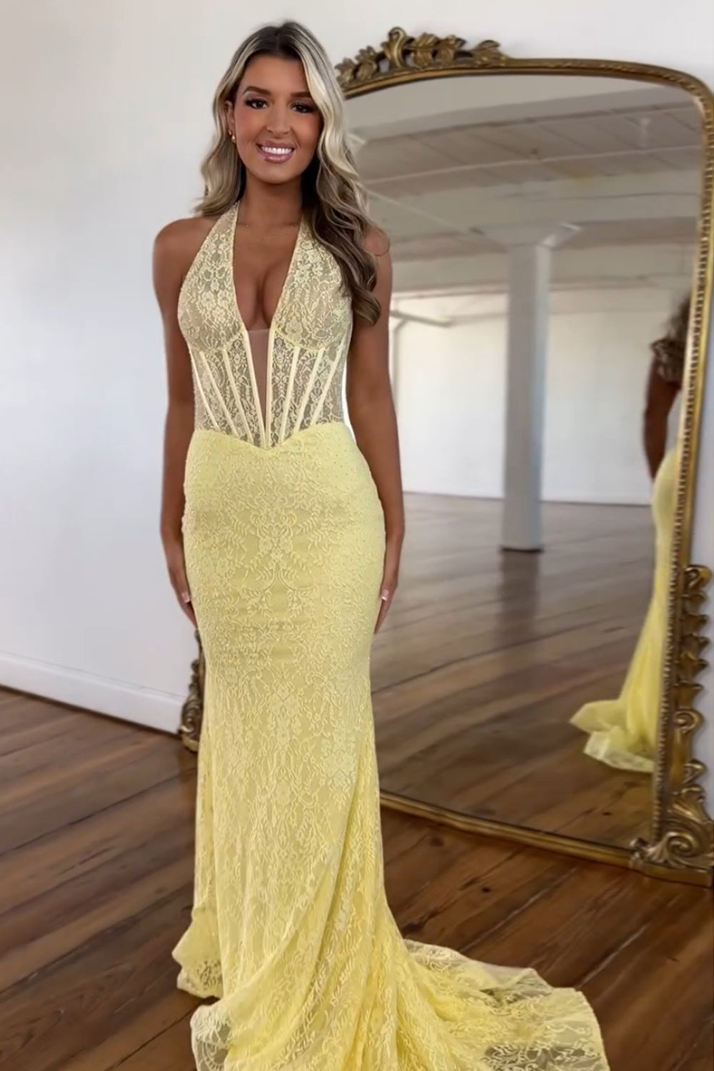 Dreamyannie Yellow Prom Dress Lace Mermaid Halter Corset Long Formal Dress