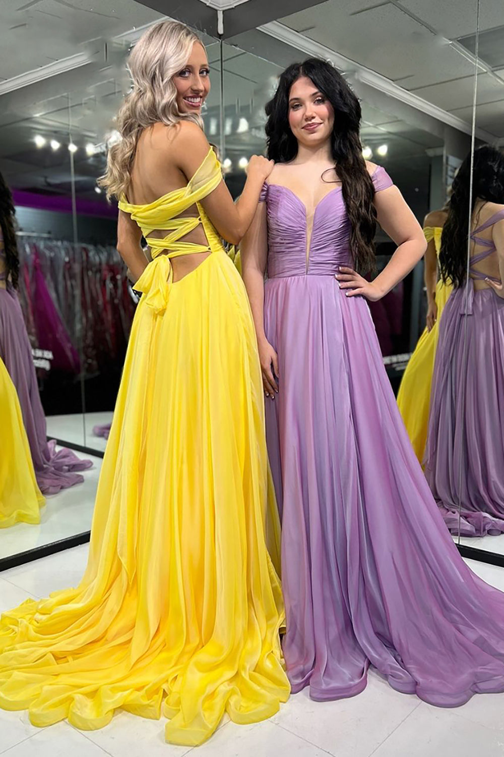 Dreamyannie Yellow Prom Dress Off The Shoulder A-Line Chiffon Long Formal Dress
