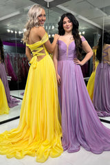 Dreamyannie Yellow Prom Dress Off The Shoulder A-Line Chiffon Long Formal Dress