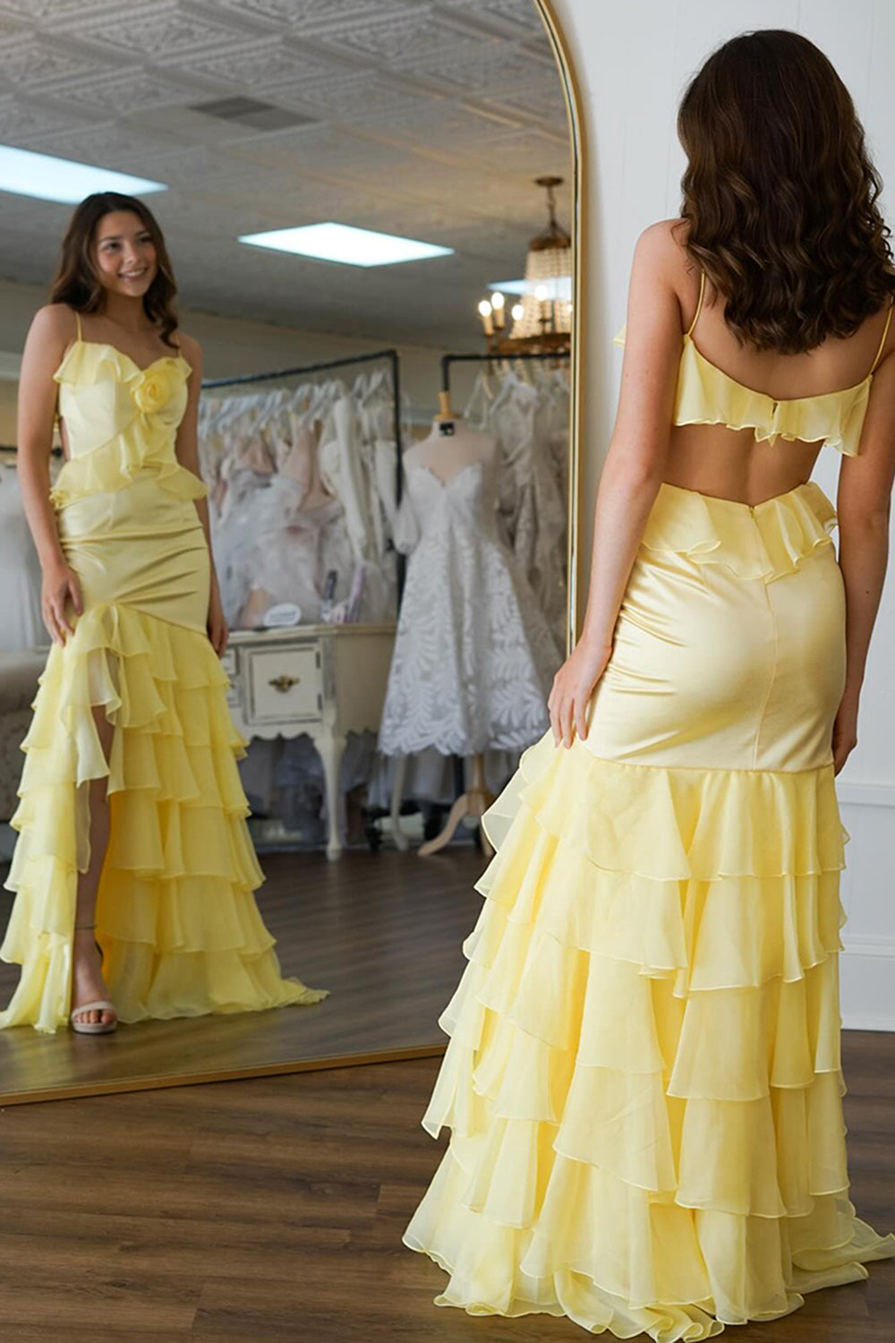 Dreamyannie Yellow Prom Dress Ruffled Chiffon Mermaid Long Formal Dress With Slit