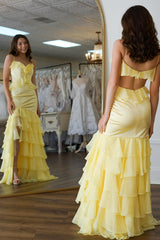Dreamyannie Yellow Prom Dress Ruffled Chiffon Mermaid Long Formal Dress With Slit