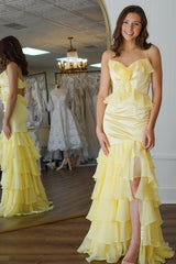 Dreamyannie Yellow Prom Dress Ruffled Chiffon Mermaid Long Formal Dress With Slit