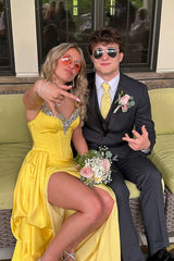 Dreamyannie Yellow Prom Dress Spaghetti Straps Satin Formal Dress With Slit