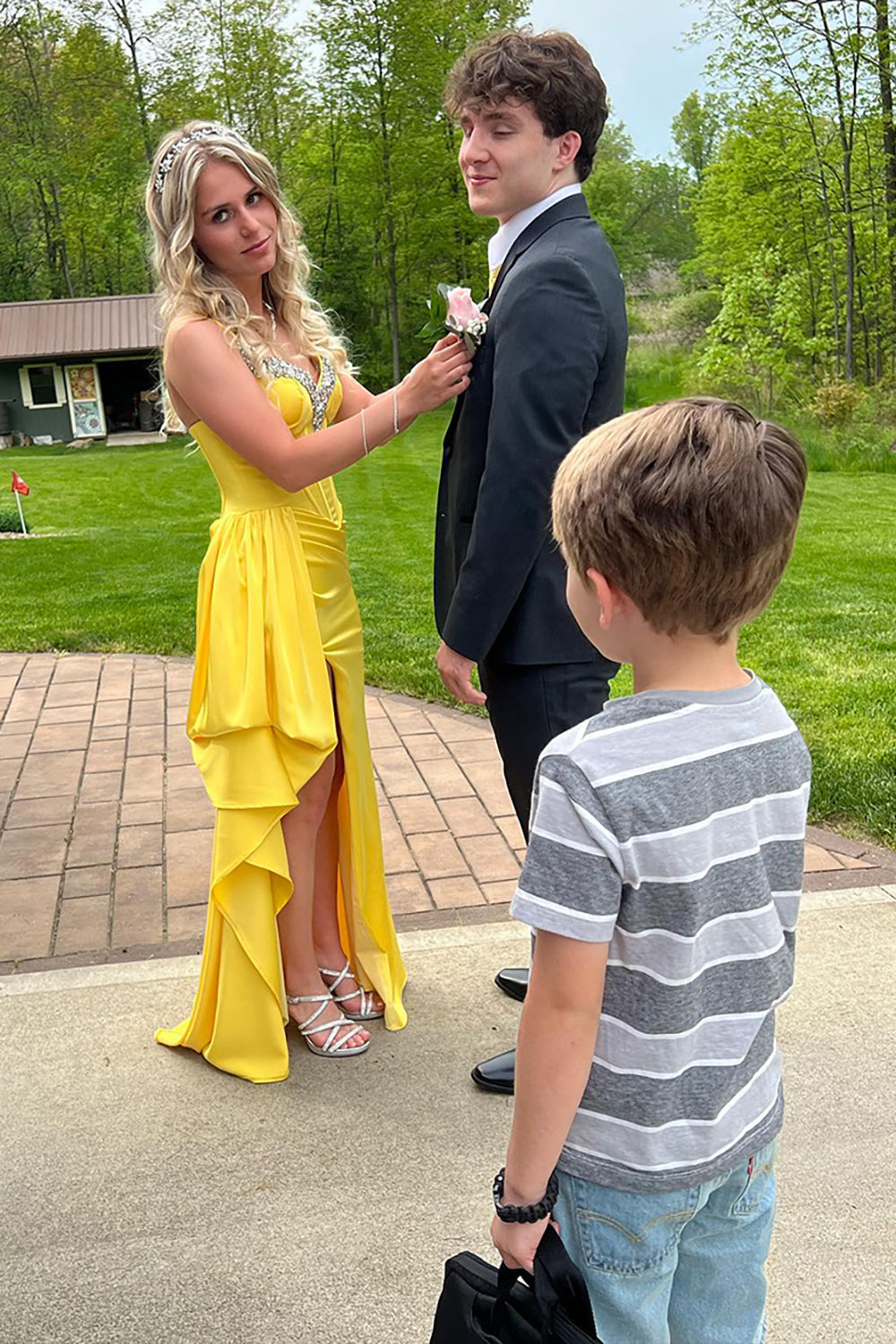 Dreamyannie Yellow Prom Dress Spaghetti Straps Satin Formal Dress With Slit