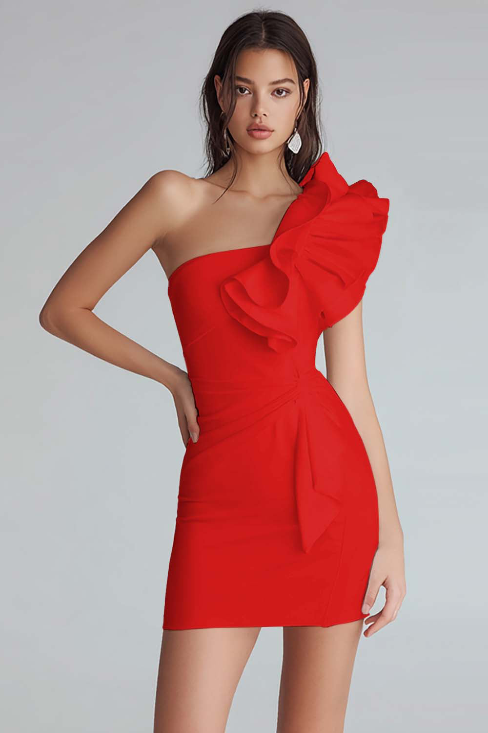 Yellow Satin One Shoulder Short Bodycon Homecoming Dress with Ruffles