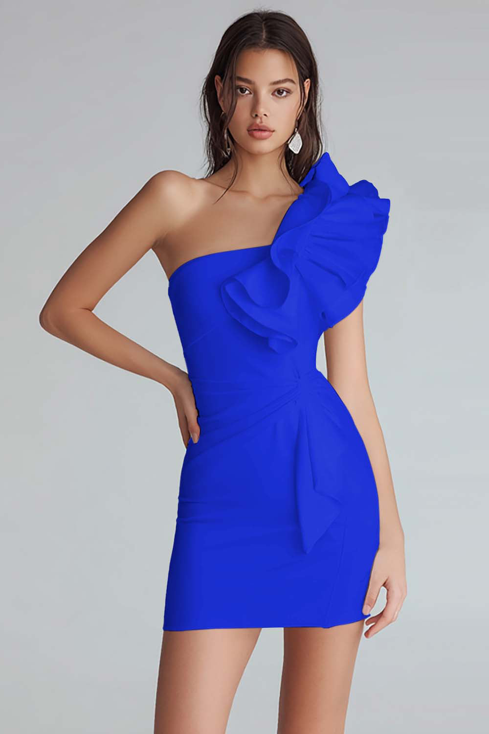Yellow Satin One Shoulder Short Bodycon Homecoming Dress with Ruffles